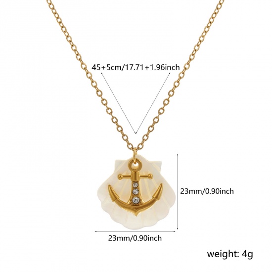 Immagine di 18K Vero Oro Placcato Catena a Cavo Conchiglia Collana con Ciondolo, 304 Acciaio Inossidabile & Conchiglie Naturali 45cm + 5cm, Per Donne, Trasparente Strass Ancora Squisito Regalo, Placcatura Sottovuoto PVD Ecologica, 1 Pz