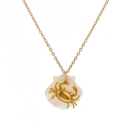 Immagine di 18K Vero Oro Placcato Catena a Cavo Granchio Collana con Ciondolo, 304 Acciaio Inossidabile & Conchiglie Naturali 45cm + 5cm, Per Donne, Squisito Gioielli Oceanici Regalo, Placcatura Sottovuoto PVD Ecologica, 1 Pz