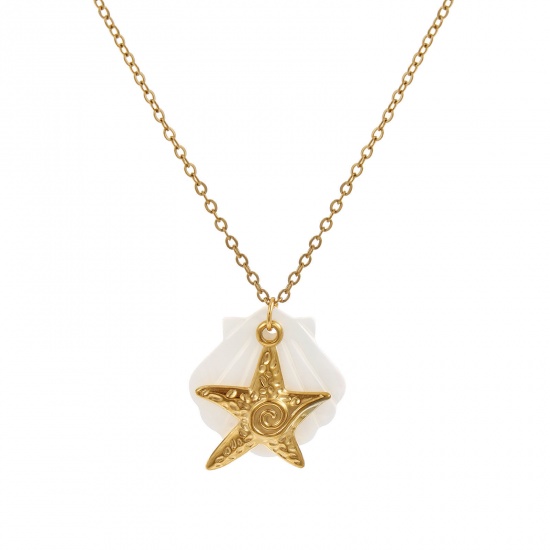 Immagine di 18K Vero Oro Placcato Catena a Cavo Stella di Mare Collana con Ciondolo, 304 Acciaio Inossidabile & Conchiglie Naturali 45cm + 5cm, Per Donne, Squisito Gioielli Oceanici Regalo, Placcatura Sottovuoto PVD Ecologica, 1 Pz