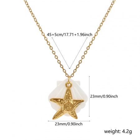 Image de Collier à Breloques En Gros Plaqué Or Véritable 18K en 304 Acier Inoxydable & Coquille Naturelle, Etoile de Mer Chaîne Maille Forçat, aux Femmes Placage Sous Vide PVD Écologique Imperméable Anti-ternissement Hypoallergénique Bijoux d'Océan Exquis Cadeau Bijoux pour Détaillants 45cm + 5cm long, 1 Piè