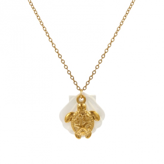 Immagine di 18K Vero Oro Placcato Catena a Cavo Tartaruga Collana con Ciondolo, 304 Acciaio Inossidabile & Conchiglie Naturali 45cm + 5cm, Per Donne, Squisito Gioielli Oceanici Regalo, Placcatura Sottovuoto PVD Ecologica, 1 Pz