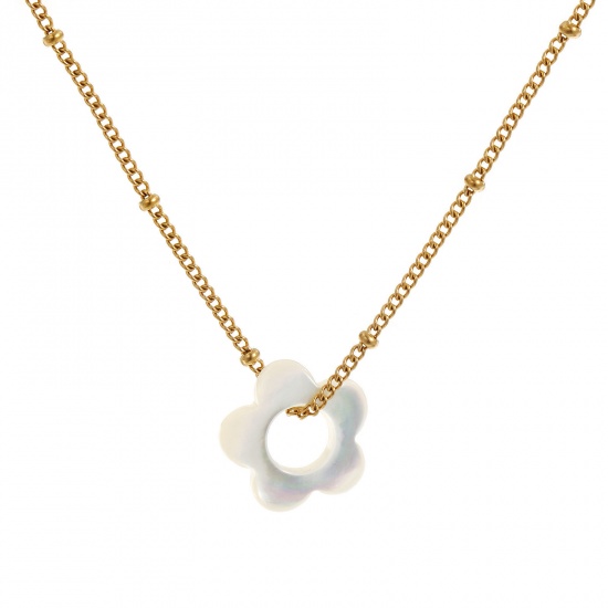 Image de Collier à Breloques Fleur Plaqué Or Véritable 18K en 304 Acier Inoxydable & Coquille Naturelle Pour Femmes, Chaîne Maille Cheval 45cm + 5cm, Élégant Minimaliste Cadeau, Revêtement sous Vide PVD Respectueux de l'Environnement, 1 Pièce