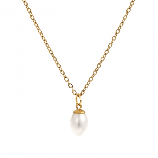 Picture of 18K Real Gold Plated Link Cable Chain Oval Pendant Charm Necklace, 304 Stainless Steel & Natural Pearl 45cm(17.7") + 5cm(2"), For Women, Minimalist Elegant Gift, Eco-friendly PVD Vacuum Plating, 1 Piece