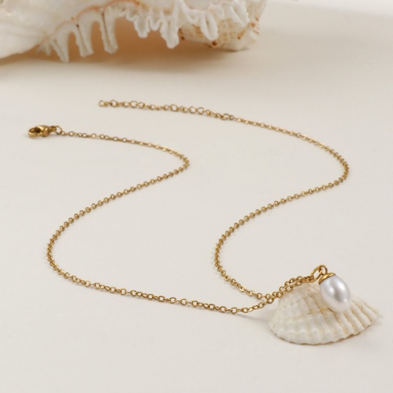 Picture of 18K Real Gold Plated Link Cable Chain Oval Pendant Charm Necklace, 304 Stainless Steel & Natural Pearl 45cm(17.7") + 5cm(2"), For Women, Minimalist Elegant Gift, Eco-friendly PVD Vacuum Plating, 1 Piece