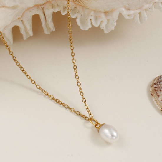 Picture of 18K Real Gold Plated Link Cable Chain Oval Pendant Charm Necklace, 304 Stainless Steel & Natural Pearl 45cm(17.7") + 5cm(2"), For Women, Minimalist Elegant Gift, Eco-friendly PVD Vacuum Plating, 1 Piece