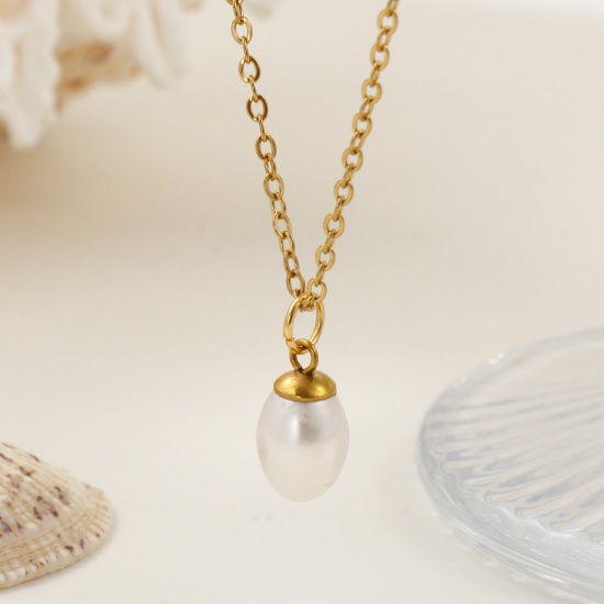 Picture of 18K Real Gold Plated Link Cable Chain Oval Pendant Charm Necklace, 304 Stainless Steel & Natural Pearl 45cm(17.7") + 5cm(2"), For Women, Minimalist Elegant Gift, Eco-friendly PVD Vacuum Plating, 1 Piece