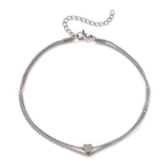 Imagen de 1 Piece Eco-friendly Stylish Valentine's Day Silver Tone 304 Stainless Steel Curb Link Chain Heart Multilayer Layered Anklet For Women Gift 23cm(9") long