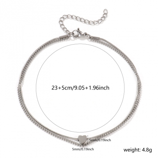 Imagen de 1 Piece Eco-friendly Stylish Valentine's Day Silver Tone 304 Stainless Steel Curb Link Chain Heart Multilayer Layered Anklet For Women Gift 23cm(9") long