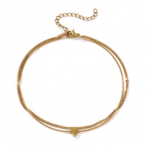 Imagen de 1 Piece Eco-friendly PVD Vacuum Plating Stylish Valentine's Day 18K Real Gold Plated 304 Stainless Steel Curb Link Chain Heart Multilayer Layered Anklet For Women Gift 23cm(9") long