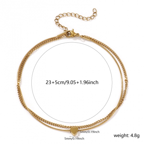 Imagen de 1 Piece Eco-friendly PVD Vacuum Plating Stylish Valentine's Day 18K Real Gold Plated 304 Stainless Steel Curb Link Chain Heart Multilayer Layered Anklet For Women Gift 23cm(9") long