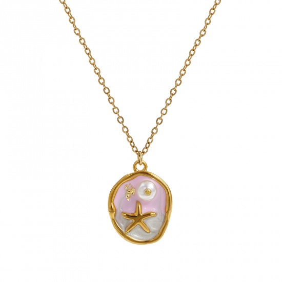 Picture of 1 Piece Eco-friendly PVD Vacuum Plating Retro 18K Real Gold Plated Multicolor 304 Stainless Steel & Acrylic Link Cable Chain Irregular Star Fish Enamel Pendant Charm Necklace For Women Gift 45cm(17.7") + 5cm(2") long