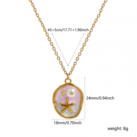Picture of Wholesale Oval Star Fish Multicolor Imitation Pearl Pendant Charm Necklace, 18K Real Gold Plated 304 Stainless Steel Link Cable Chain, Women's Eco-friendly PVD Vacuum Plating Waterproof Anti-Tarnish Hypoallergenic Oil Painting Style Retro Gift Jewelry For Retailer, 45cm(17.7") + 5cm(2") long, 1 Piec