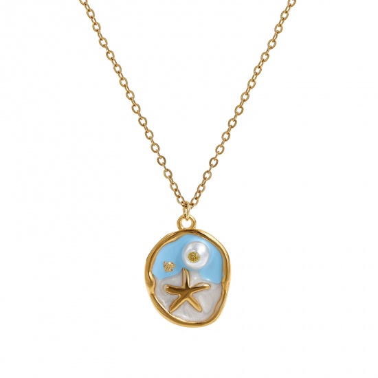 Picture of 1 Piece Eco-friendly PVD Vacuum Plating Retro 18K Real Gold Plated Multicolor 304 Stainless Steel & Acrylic Link Cable Chain Irregular Star Fish Enamel Pendant Charm Necklace For Women Gift 45cm(17.7") + 5cm(2") long