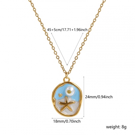 Picture of Wholesale Oval Star Fish Multicolor Imitation Pearl Pendant Charm Necklace, 18K Real Gold Plated 304 Stainless Steel Link Cable Chain, Women's Eco-friendly PVD Vacuum Plating Waterproof Anti-Tarnish Hypoallergenic Oil Painting Style Retro Gift Jewelry For Retailer, 45cm(17.7") + 5cm(2") long, 1 Piec