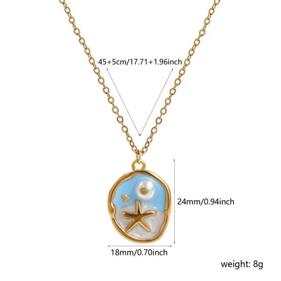 Picture of 1 Piece Eco-friendly PVD Vacuum Plating Retro 18K Real Gold Plated Multicolor 304 Stainless Steel & Acrylic Link Cable Chain Irregular Star Fish Enamel Pendant Charm Necklace For Women Gift 45cm(17.7") + 5cm(2") long