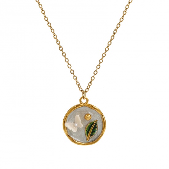 Picture of 1 Piece Eco-friendly PVD Vacuum Plating Retro 18K Real Gold Plated Multicolor 304 Stainless Steel & Acrylic Link Cable Chain Round Butterfly Enamel Pendant Charm Necklace For Women Gift 45cm(17.7") + 5cm(2") long