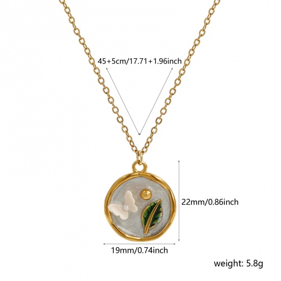 Picture of 1 Piece Eco-friendly PVD Vacuum Plating Retro 18K Real Gold Plated Multicolor 304 Stainless Steel & Acrylic Link Cable Chain Round Butterfly Enamel Pendant Charm Necklace For Women Gift 45cm(17.7") + 5cm(2") long
