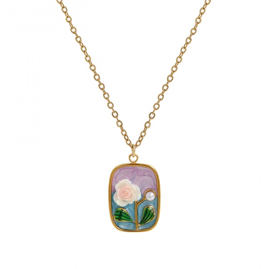 Picture of 1 Piece Eco-friendly PVD Vacuum Plating Retro 18K Real Gold Plated Multicolor 304 Stainless Steel & Acrylic Link Cable Chain Rectangle Rose Flower Enamel Pendant Charm Necklace For Women Gift 45cm(17.7") + 5cm(2") long