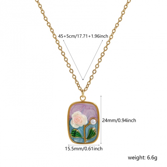 Picture of 1 Piece Eco-friendly PVD Vacuum Plating Retro 18K Real Gold Plated Multicolor 304 Stainless Steel & Acrylic Link Cable Chain Rectangle Rose Flower Enamel Pendant Charm Necklace For Women Gift 45cm(17.7") + 5cm(2") long