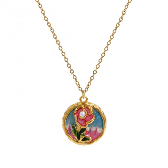 Picture of 1 Piece Eco-friendly PVD Vacuum Plating Retro 18K Real Gold Plated Multicolor 304 Stainless Steel & Acrylic Link Cable Chain Round Flower Enamel Pendant Charm Necklace For Women Gift 45cm(17.7") + 5cm(2") long