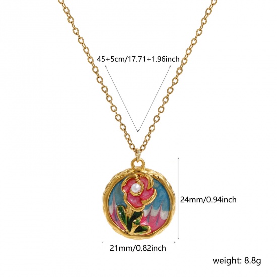 Picture of 1 Piece Eco-friendly PVD Vacuum Plating Retro 18K Real Gold Plated Multicolor 304 Stainless Steel & Acrylic Link Cable Chain Round Flower Enamel Pendant Charm Necklace For Women Gift 45cm(17.7") + 5cm(2") long
