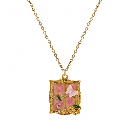 Picture of 1 Piece Eco-friendly PVD Vacuum Plating Retro 18K Real Gold Plated Multicolor 304 Stainless Steel & Acrylic Link Cable Chain Window Butterfly Enamel Pendant Charm Necklace For Women Gift 45cm(17.7") + 5cm(2") long