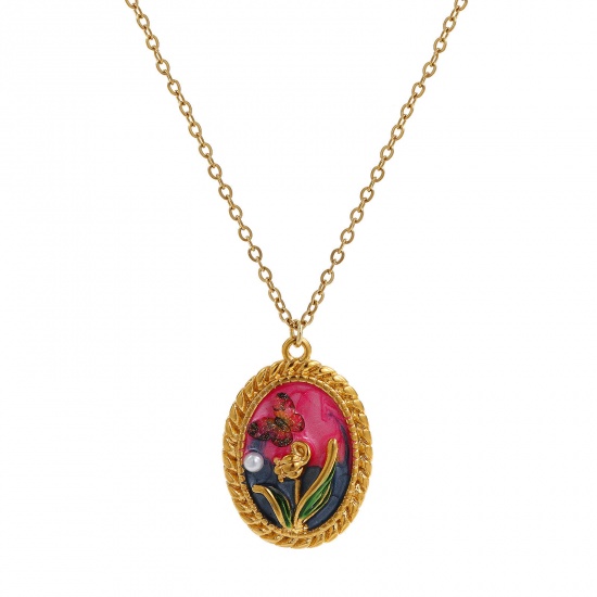 Picture of 1 Piece Eco-friendly PVD Vacuum Plating Retro 18K Real Gold Plated Multicolor 304 Stainless Steel & Acrylic Link Cable Chain Oval Tulip Flower Enamel Pendant Charm Necklace For Women Gift 45cm(17.7") + 5cm(2") long