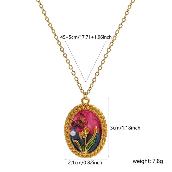 Picture of 1 Piece Eco-friendly PVD Vacuum Plating Retro 18K Real Gold Plated Multicolor 304 Stainless Steel & Acrylic Link Cable Chain Oval Tulip Flower Enamel Pendant Charm Necklace For Women Gift 45cm(17.7") + 5cm(2") long