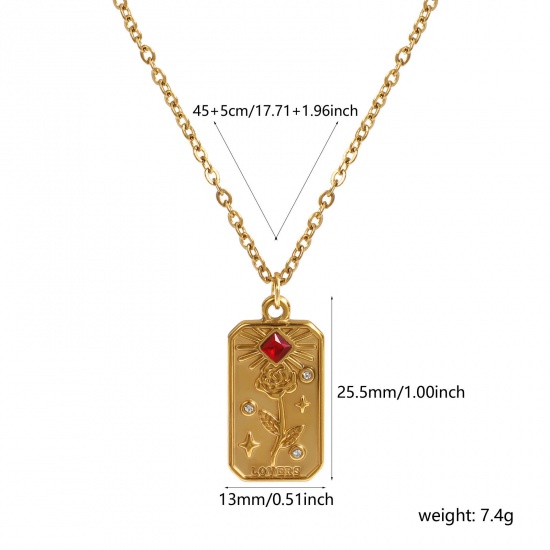 18Kリアルゴールドメッキ 小豆チェーン・あづきチェーン タロット ペンダントネックレス, 304ステンレス鋼 45cm + 5cm, 女性のため, レッド ラインストーン ローズ 文字「 LOVERS 」 素敵 プレゼント, エコフレンドリー PVD真空メッキ, 1 本 の画像