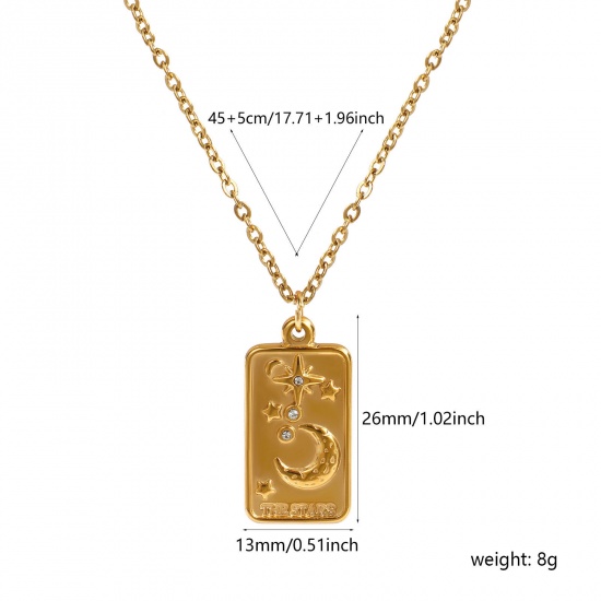 18Kリアルゴールドメッキ 小豆チェーン・あづきチェーン タロット ペンダントネックレス, 304ステンレス鋼 45cm + 5cm, 女性のため, 透明 ラインストーン ムーン 文字「 THE STAR 」 素敵 プレゼント, エコフレンドリー PVD真空メッキ, 1 本 の画像