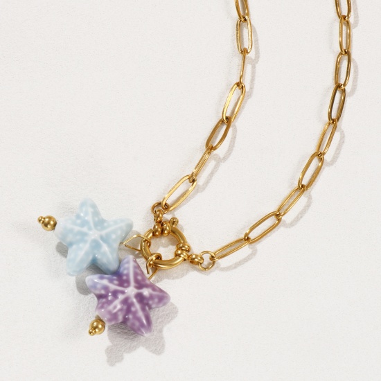 18K Gold Plated Paperclip Link Chain Star Fish Pendant Charm Necklace, 304 Stainless Steel & Ceramic 40cm(15.7"), For Women, Mauve Sweet & Cute Ocean Jewelry Gift, Eco-friendly PVD Vacuum Plating, 1 Piece の画像