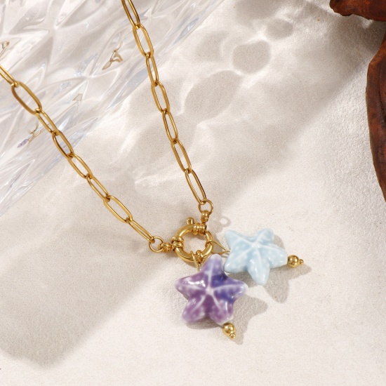 18K Gold Plated Paperclip Link Chain Star Fish Pendant Charm Necklace, 304 Stainless Steel & Ceramic 40cm(15.7"), For Women, Mauve Sweet & Cute Ocean Jewelry Gift, Eco-friendly PVD Vacuum Plating, 1 Piece の画像