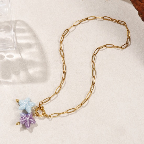 18K Gold Plated Paperclip Link Chain Star Fish Pendant Charm Necklace, 304 Stainless Steel & Ceramic 40cm(15.7"), For Women, Mauve Sweet & Cute Ocean Jewelry Gift, Eco-friendly PVD Vacuum Plating, 1 Piece の画像