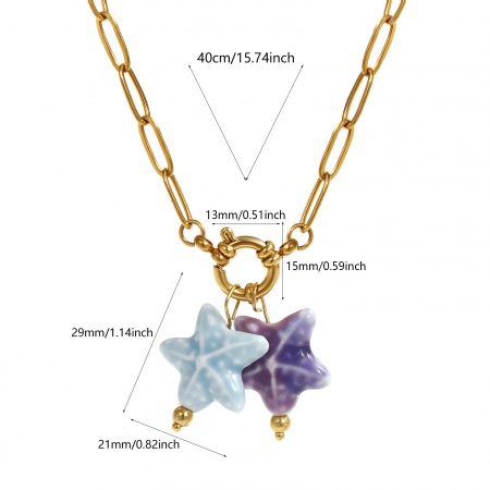 Picture of Wholesale Starfish Purple & Blue With Spring Ring Clasp Pendant Charm Necklace, 18K Gold Plated 304 Stainless Steel & Ceramic Paperclip Link Chain, Women's Eco-friendly PVD Vacuum Plating Ocean Jewelry Sweet & Cute Gift Jewelry For Retailer, 40cm(15.7") long, 1 Piece