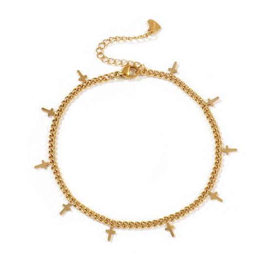 Immagine di 1 Pz Placcatura Sottovuoto PVD Ecologica Squisito 18K Vero Oro Placcato 304 Acciaio Inossidabile Catena del Barbazzale Croce Cavigliere Per Donne Regalo 22cm Lunghezza