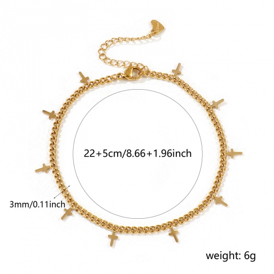 Immagine di 1 Pz Placcatura Sottovuoto PVD Ecologica Squisito 18K Vero Oro Placcato 304 Acciaio Inossidabile Catena del Barbazzale Croce Cavigliere Per Donne Regalo 22cm Lunghezza