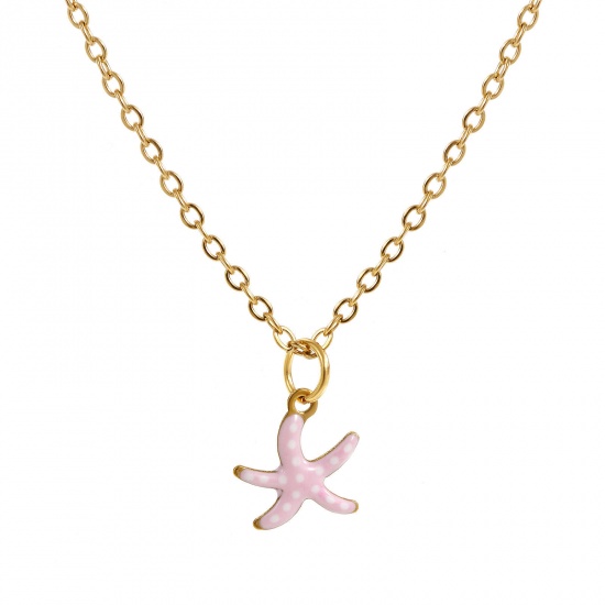 Immagine di 18K Vero Oro Placcato Catena a Cavo Stella di Mare Collana con Ciondolo, 304 Acciaio Inossidabile 45cm + 5cm, Per Donne, Polka Dot Rosa Smalto Squisito Gioielli Oceanici Regalo, Placcatura Sottovuoto PVD Ecologica, 1 Pz