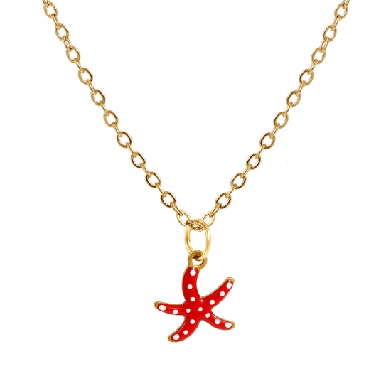 Immagine di 18K Vero Oro Placcato Catena a Cavo Stella di Mare Collana con Ciondolo, 304 Acciaio Inossidabile 45cm + 5cm, Per Donne, Polka Dot Rosso Smalto Squisito Gioielli Oceanici Regalo, Placcatura Sottovuoto PVD Ecologica, 1 Pz