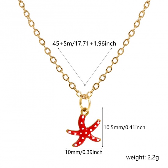 Immagine di 18K Vero Oro Placcato Catena a Cavo Stella di Mare Collana con Ciondolo, 304 Acciaio Inossidabile 45cm + 5cm, Per Donne, Polka Dot Rosso Smalto Squisito Gioielli Oceanici Regalo, Placcatura Sottovuoto PVD Ecologica, 1 Pz