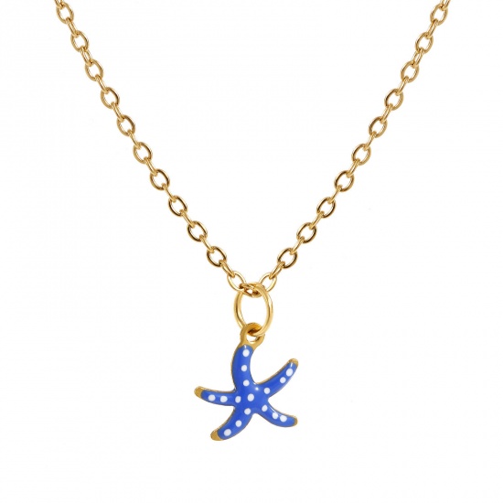 Immagine di 18K Vero Oro Placcato Catena a Cavo Stella di Mare Collana con Ciondolo, 304 Acciaio Inossidabile 45cm + 5cm, Per Donne, Polka Dot Blu Scuro Smalto Squisito Gioielli Oceanici Regalo, Placcatura Sottovuoto PVD Ecologica, 1 Pz