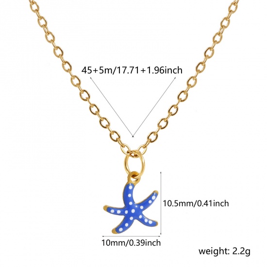 Immagine di 18K Vero Oro Placcato Catena a Cavo Stella di Mare Collana con Ciondolo, 304 Acciaio Inossidabile 45cm + 5cm, Per Donne, Polka Dot Blu Scuro Smalto Squisito Gioielli Oceanici Regalo, Placcatura Sottovuoto PVD Ecologica, 1 Pz