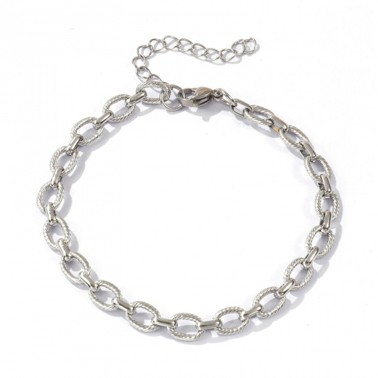 Image de 1 Piece Stylish Silver Tone 304 Stainless Steel Link Cable Chain Oval Spiral Anklet Unisex 22cm(8.7") long