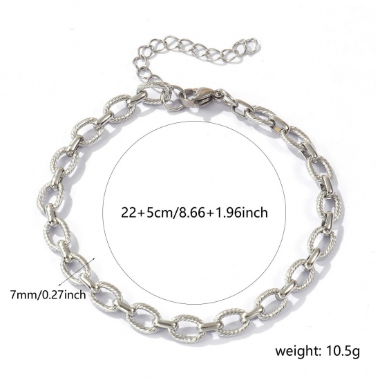 Image de 1 Piece Stylish Silver Tone 304 Stainless Steel Link Cable Chain Oval Spiral Anklet Unisex 22cm(8.7") long