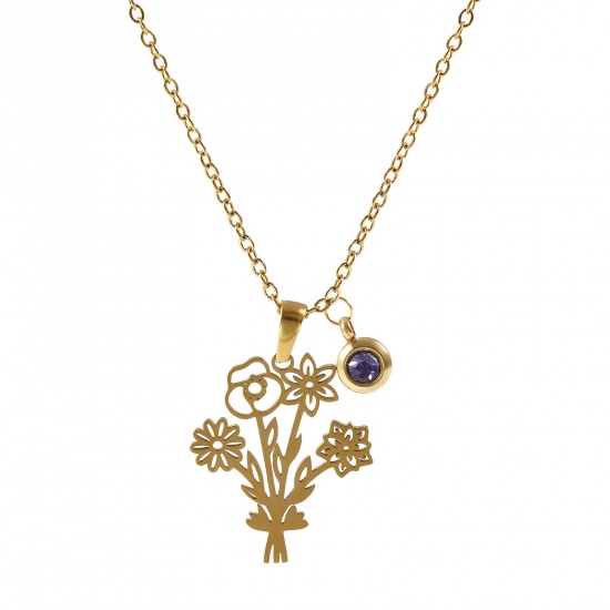 Immagine di 18K Vero Oro Placcato Catena a Cavo Fiore Collana con Ciondolo, 304 Acciaio Inossidabile 45cm + 5cm, Per Donne, Ametista Strass Febbraio Elegante Pietre Nascita Regalo, Placcatura Sottovuoto PVD Ecologica, 1 Pz