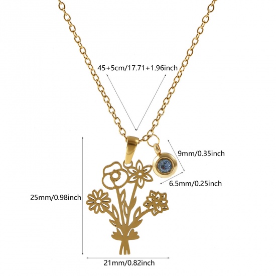 Immagine di 18K Vero Oro Placcato Catena a Cavo Fiore Collana con Ciondolo, 304 Acciaio Inossidabile 45cm + 5cm, Per Donne, Blu acqua Strass Marzo Elegante Pietre Nascita Regalo, Placcatura Sottovuoto PVD Ecologica, 1 Pz