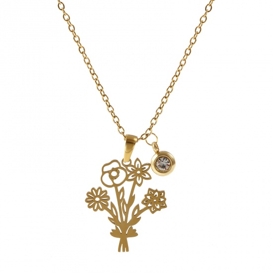 Immagine di 18K Vero Oro Placcato Catena a Cavo Fiore Collana con Ciondolo, 304 Acciaio Inossidabile 45cm + 5cm, Per Donne, Trasparente Strass Aprile Elegante Pietre Nascita Regalo, Placcatura Sottovuoto PVD Ecologica, 1 Pz