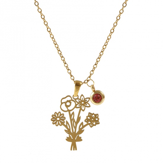 Immagine di 18K Vero Oro Placcato Catena a Cavo Fiore Collana con Ciondolo, 304 Acciaio Inossidabile 45cm + 5cm, Per Donne, Roso Strass Luglio Elegante Pietre Nascita Regalo, Placcatura Sottovuoto PVD Ecologica, 1 Pz