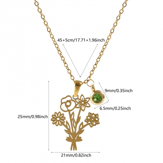 Immagine di 18K Vero Oro Placcato Catena a Cavo Fiore Collana con Ciondolo, 304 Acciaio Inossidabile 45cm + 5cm, Per Donne, Verde Oliva Strass Agosto Elegante Pietre Nascita Regalo, Placcatura Sottovuoto PVD Ecologica, 1 Pz