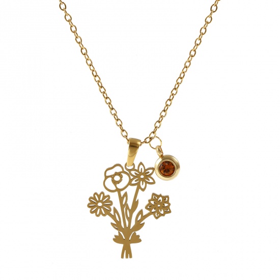Immagine di 18K Vero Oro Placcato Catena a Cavo Fiore Collana con Ciondolo, 304 Acciaio Inossidabile 45cm + 5cm, Per Donne, Lt.Col.Topazio Strass Novembre Elegante Pietre Nascita Regalo, Placcatura Sottovuoto PVD Ecologica, 1 Pz