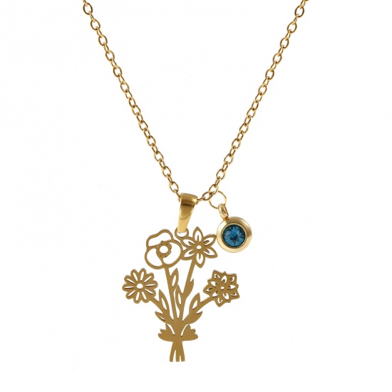 Immagine di 18K Vero Oro Placcato Catena a Cavo Fiore Collana con Ciondolo, 304 Acciaio Inossidabile 45cm + 5cm, Per Donne, Verde Blu Strass Dicembre Elegante Pietre Nascita Regalo, Placcatura Sottovuoto PVD Ecologica, 1 Pz